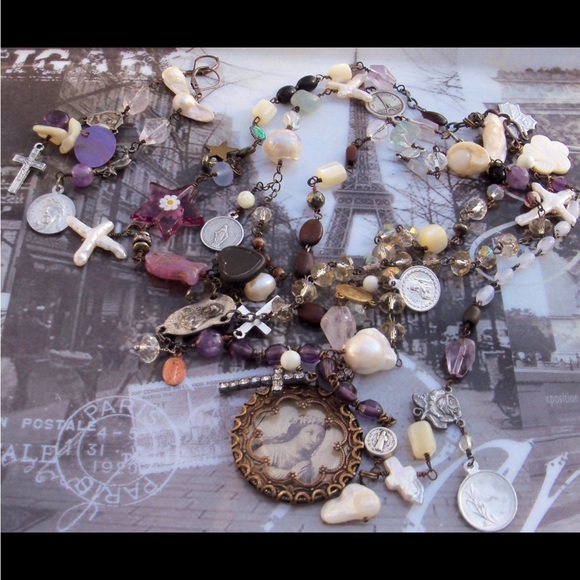 One of a Kind Hand Made Necklace & Earrings made from antique rosaries. - Picture 4 of 5
